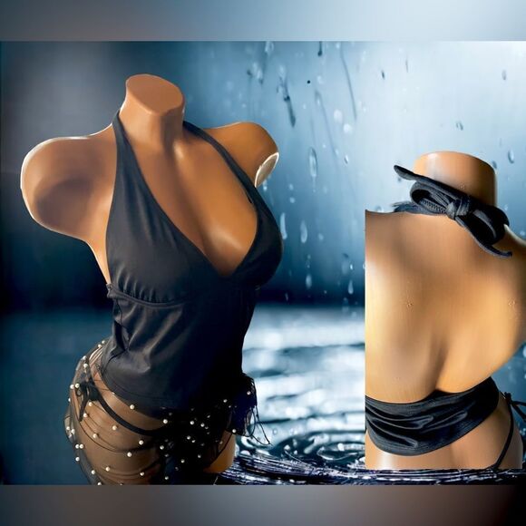 3-Piece l Custom Set l J. Crew Halter Tankini l M l Pearl Cover-up l Tie Thong - Picture 4 of 8